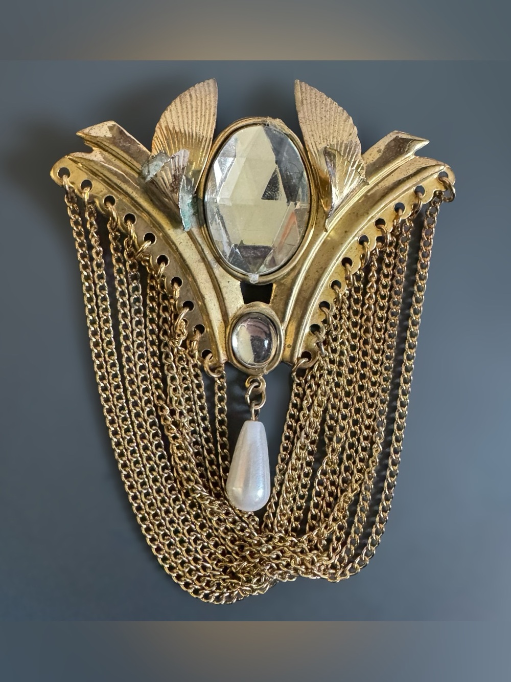 Vtg Art Deco Gold Rhinestone Pearl Chain Statement Brooch Pin Egyptian Revival